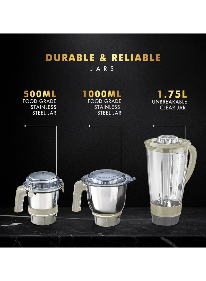 سوجاتا Sujata MG01 Mixer Grinder | 1000 Watts Double Ball Bearing Motor | 24000 RPM | Non-Stop 90 Mins Running | 3 Jars including 1750ml Blender, 1000ml Grinder, 500ml Chutney Jar | Beige & White - Image 5